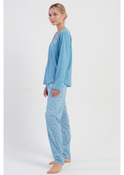 Kadın Büyük Beden Mavi Uzun Kollu V Yaka Pijama Takımı C8T6N1305 modelleri