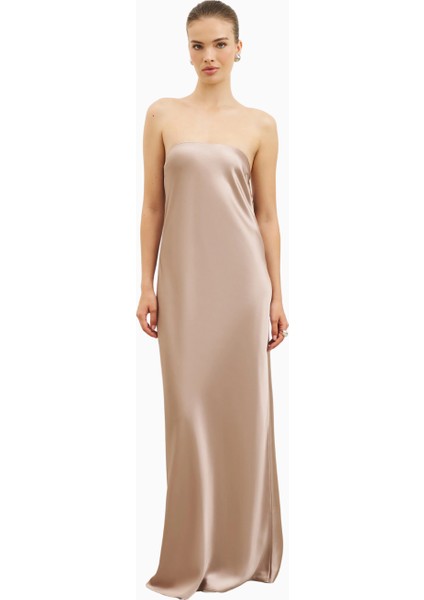 Satin Cowl Back Maxi Dress Strapless Bias Cut Longline Gown Kadın Elbise