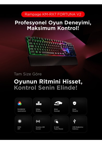 KM-RX7 FORTUNA V2 Gökkuşağı Aydınlatmalı USB SİYAH Gaming Combo Q Gaming Klavye + 12800 dpi Mouse fiyatları