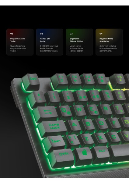 KM-RX7 FORTUNA V2 Gökkuşağı Aydınlatmalı USB SİYAH Gaming Combo Q Gaming Klavye + 12800 dpi Mouse indirimleri