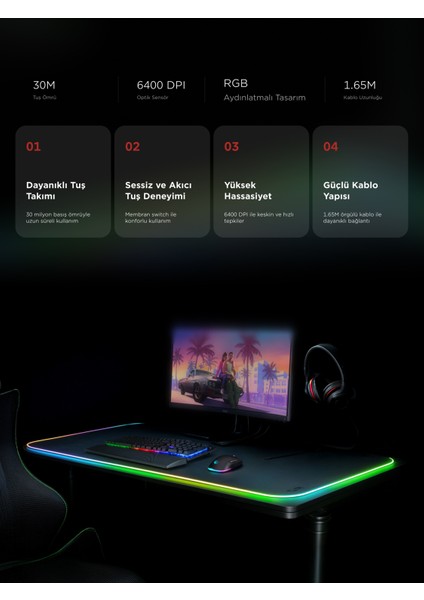 KM-RX7 FORTUNA V2 Gökkuşağı Aydınlatmalı USB SİYAH Gaming Combo Q Gaming Klavye + 12800 dpi Mouse