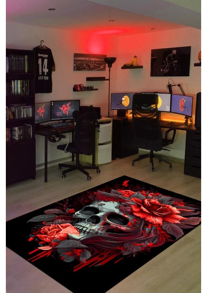 Dijital Baskı Yıkanabilir Kurukafa Gül Desenli Gamer Halı