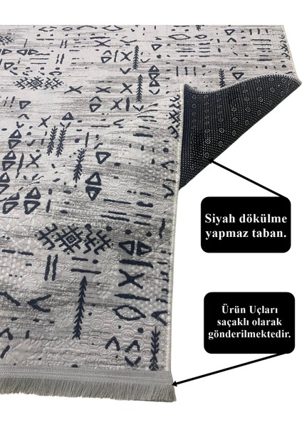 Iskandinav Kabartmalı Saçaklı Gri Kaymaz Taban Yıkanabilir Kesme Yolluk Halı