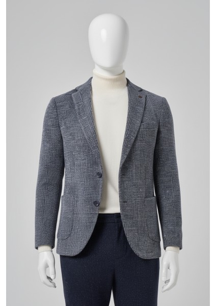 Erkek Lacivert Örme Trend Ekoseli Slim Fit Mono Yaka Ceket