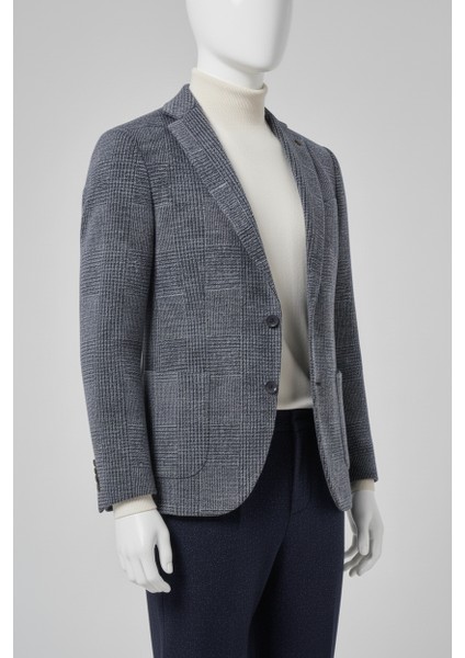 Erkek Lacivert Örme Trend Ekoseli Slim Fit Mono Yaka Ceket fiyatları