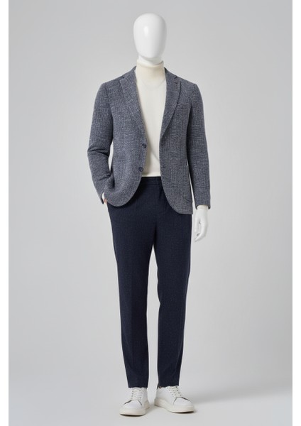 Erkek Lacivert Örme Trend Ekoseli Slim Fit Mono Yaka Ceket modelleri