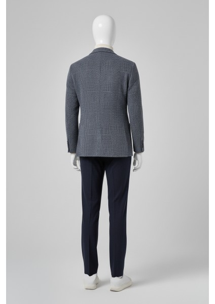 Erkek Lacivert Örme Trend Ekoseli Slim Fit Mono Yaka Ceket