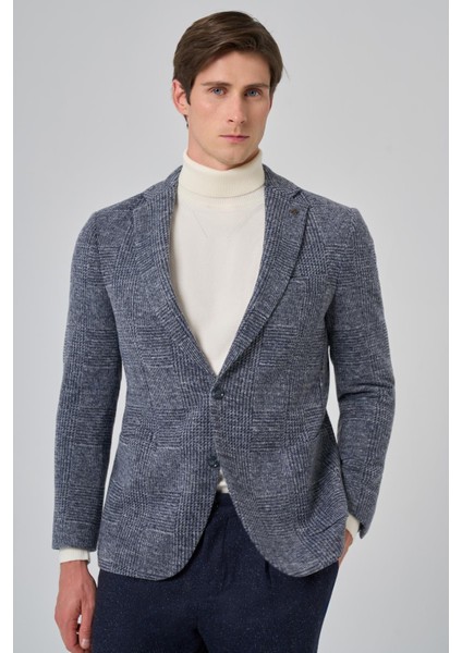 Erkek Lacivert Örme Trend Ekoseli Slim Fit Mono Yaka Ceket