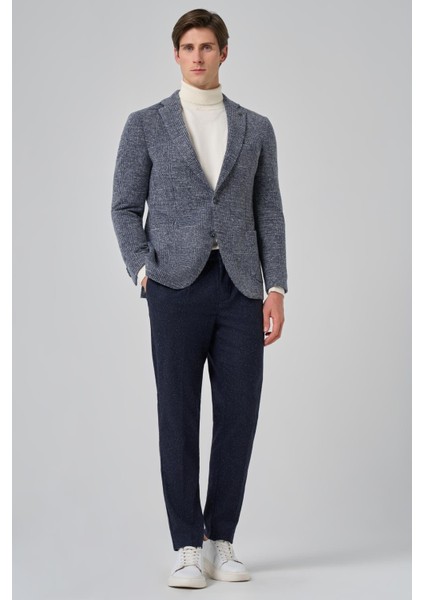 Erkek Lacivert Örme Trend Ekoseli Slim Fit Mono Yaka Ceket
