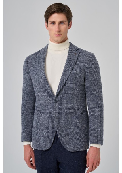 Erkek Lacivert Örme Trend Ekoseli Slim Fit Mono Yaka Ceket