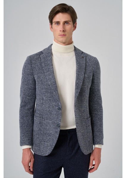 Erkek Lacivert Örme Trend Ekoseli Slim Fit Mono Yaka Ceket
