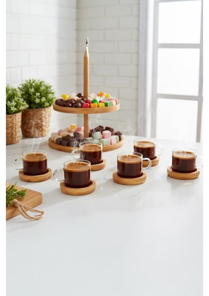 12 Parça Cam Kahve Sunum Seti Bambu Altlıklı Fincan Takımı