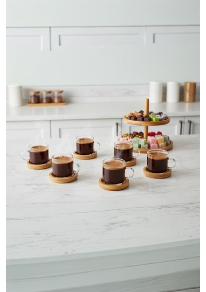 12 Parça Cam Kahve Sunum Seti Bambu Altlıklı Fincan Takımı fiyatları