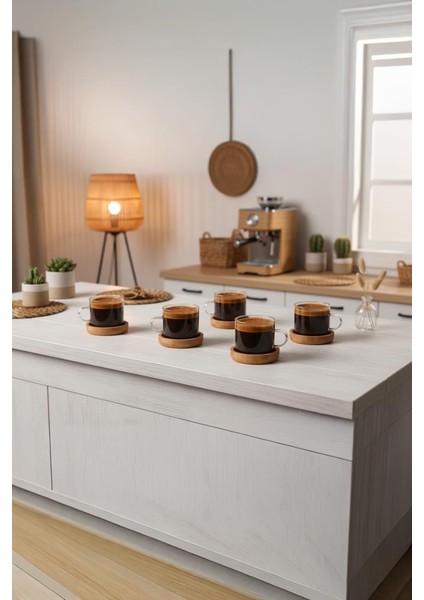 12 Parça Cam Kahve Sunum Seti Bambu Altlıklı Fincan Takımı modelleri