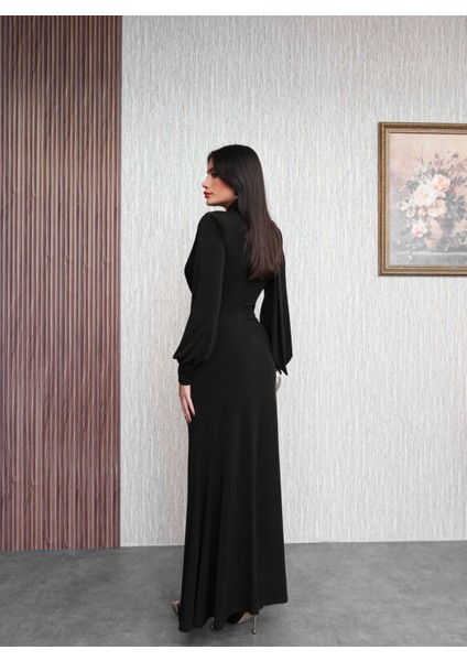 Şal Yaka Ön Düğüm Tokalı Uzun Elbise indirimleri