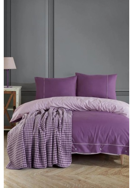 Stylish Pamuk Battaniyeli Çift Kişilik Nevresim Takımı-Mor