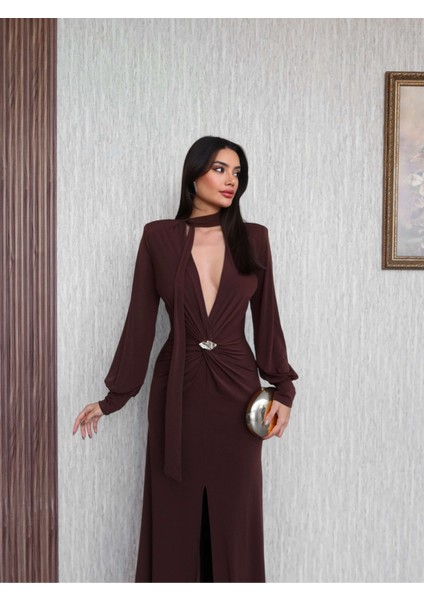 Şal Yaka Ön Düğüm Tokalı Uzun Elbise fiyatları