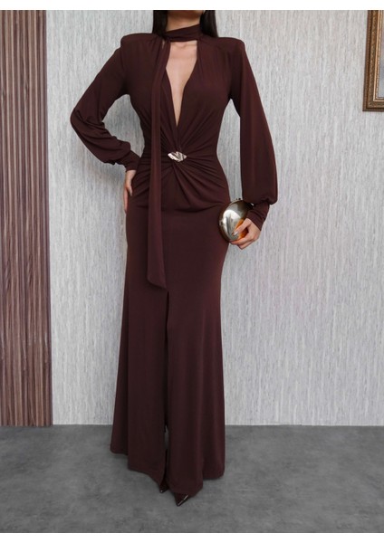 Şal Yaka Ön Düğüm Tokalı Uzun Elbise modelleri