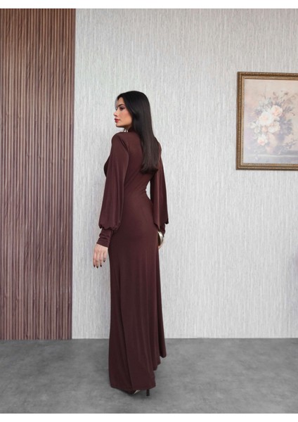 Şal Yaka Ön Düğüm Tokalı Uzun Elbise indirimleri