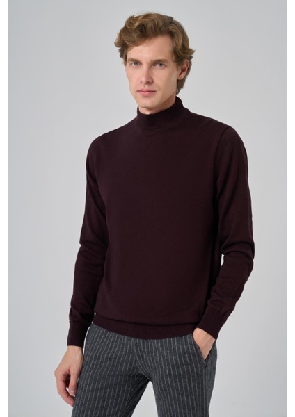 Erkek Koyu Mor Basic Yarım Balıkçı Yaka Dynamic Fit Rahat Kesim Triko