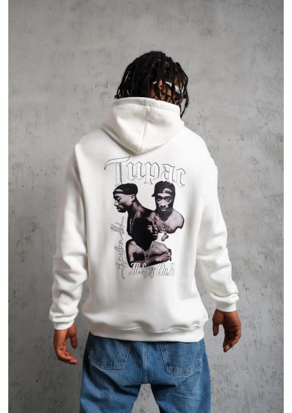 Erkek Oversize Üç Iplik Kapüşonlu Sweat – Kol ve Etek Ribana Detaylı, Ön ve Sırt Baskılı, Kanguru Cepli Rahat Kalıp Model - Beyaz