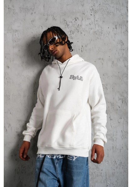 Erkek Oversize Üç Iplik Kapüşonlu Sweat – Kol ve Etek Ribana Detaylı, Ön ve Sırt Baskılı, Kanguru Cepli Rahat Kalıp Model - Beyaz fiyatları