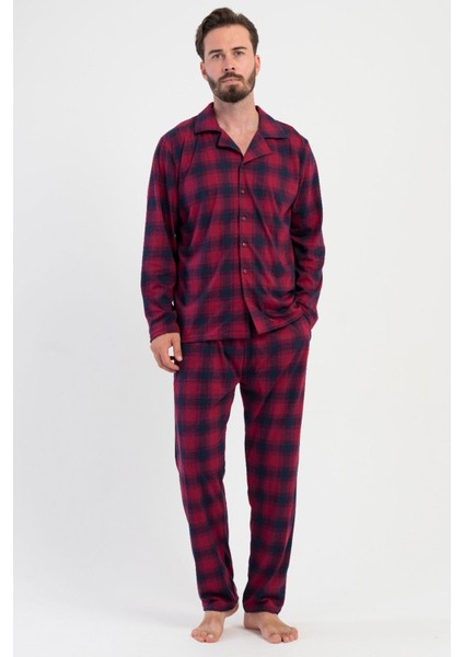 Erkek Bordo Renk Önden Düğmeli Gömlek Yaka Uzun Kollu Ekose Desenli Pijama Takımı C3T4N1305