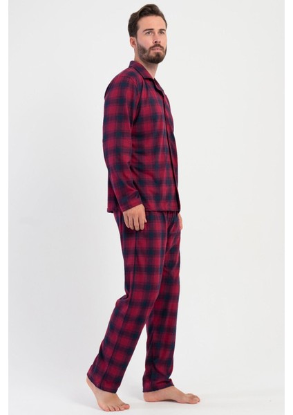 Erkek Bordo Renk Önden Düğmeli Gömlek Yaka Uzun Kollu Ekose Desenli Pijama Takımı C3T4N1305 fiyatları