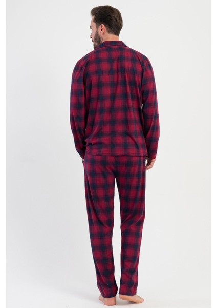 Erkek Bordo Renk Önden Düğmeli Gömlek Yaka Uzun Kollu Ekose Desenli Pijama Takımı C3T4N1305 modelleri