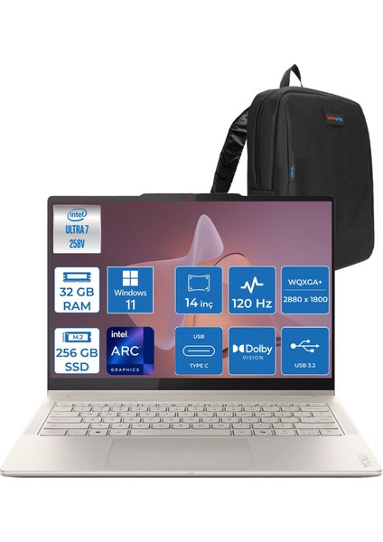 Yoga 7 2-In-1 14ILL10 Intel Core Ultra 7 258V 32GB 256GB SSD Windows 11 Pro Intel Arc 140V OLED 1100NITS 14" Wqxga+ (2880X1800) 120HZ Dokunmatik 83JQ005LTRP01 + Yoga Kalem + Zetta Çanta