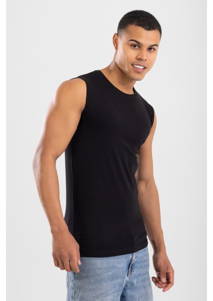 Erkek Bisiklet Yaka Kolsuz Pamuklu Body Fanila Tişört Siyah