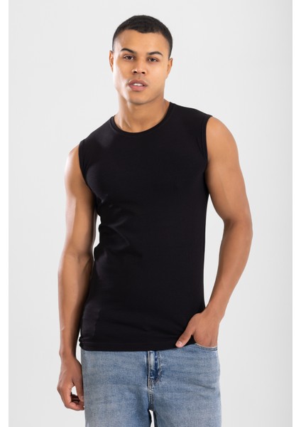 Erkek Bisiklet Yaka Kolsuz Pamuklu Body Fanila Tişört Siyah modelleri