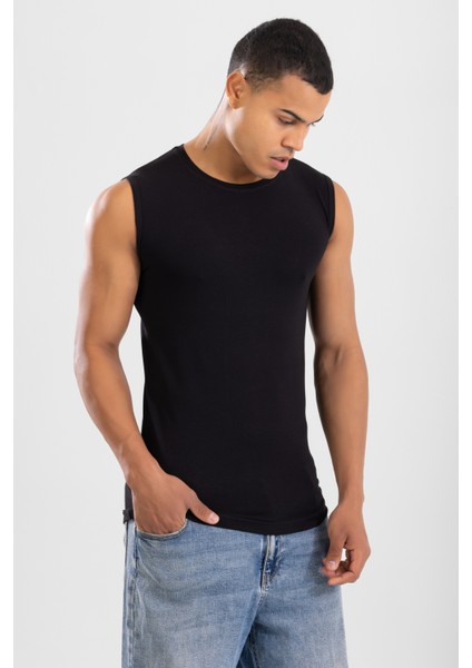 Erkek Bisiklet Yaka Kolsuz Pamuklu Body Fanila Tişört Siyah