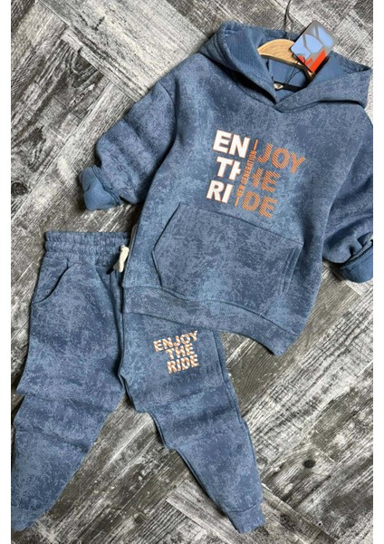 Erkek Çocuk Enjoy The Kalıp Baskılı Kapşonlu Sweatshirt Mavi Eşofman Takım