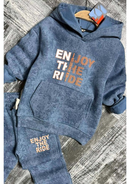 Erkek Çocuk Enjoy The Kalıp Baskılı Kapşonlu Sweatshirt Mavi Eşofman Takım fiyatları