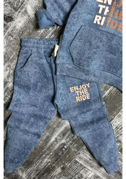 Erkek Çocuk Enjoy The Kalıp Baskılı Kapşonlu Sweatshirt Mavi Eşofman Takım modelleri