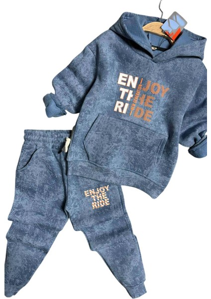 Erkek Çocuk Enjoy The Kalıp Baskılı Kapşonlu Sweatshirt Mavi Eşofman Takım fırsatları