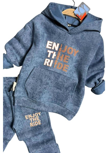 Erkek Çocuk Enjoy The Kalıp Baskılı Kapşonlu Sweatshirt Mavi Eşofman Takım indirimleri