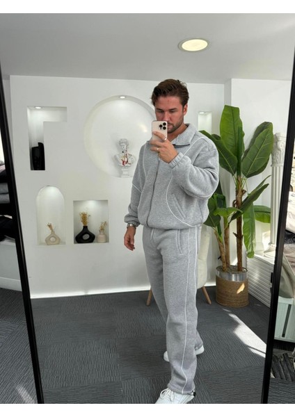 Wilfred Siyah - Gri Relax Fit Pamuklu Basıc Şerit Detaylı Rahat Kalıp Erkek Eşofman Takımı