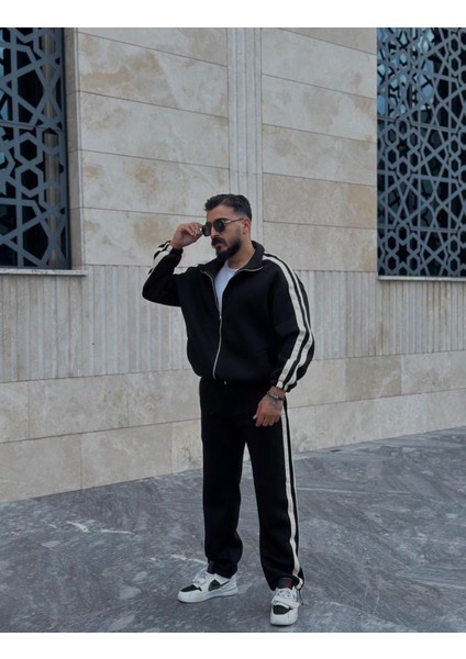 Pierce Şerit Detaylı Baggy Kalıp Erkek Relax Fit Pamuklu Basıc Takım Eşofman