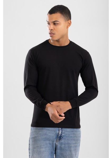 Erkek Bisiklet Yaka Uzun Kol Fanila Tişört Siyah