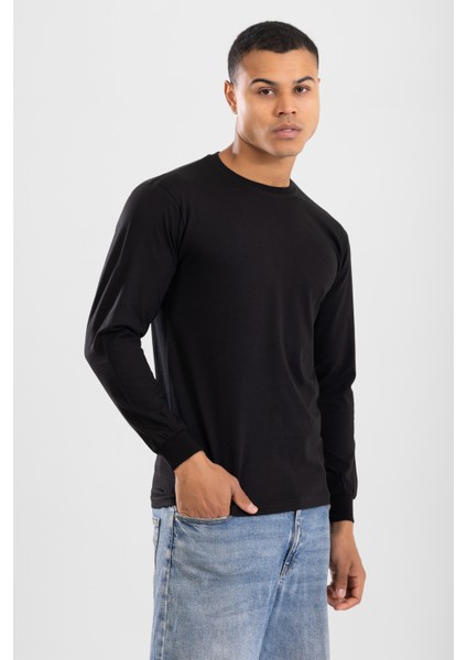 Erkek Bisiklet Yaka Uzun Kol Fanila Tişört Siyah
