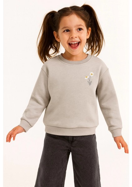 Kız Çocuk Papatyalı Gri Sweatshirt - Şık Kız Giyim indirimleri