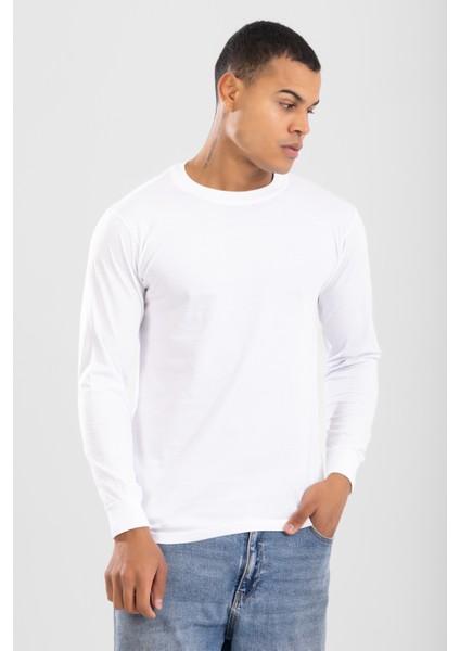 Erkek Bisiklet Yaka Uzun Kol Fanila Tişört Beyaz