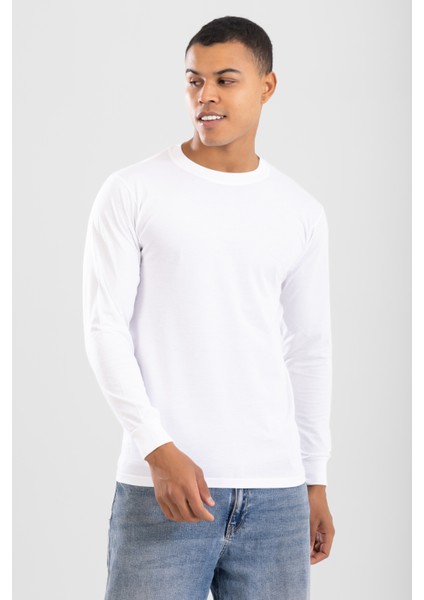 Erkek Bisiklet Yaka Uzun Kol Fanila Tişört Beyaz
