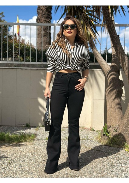 Siyah Likralı Ispanyol Paça Jean