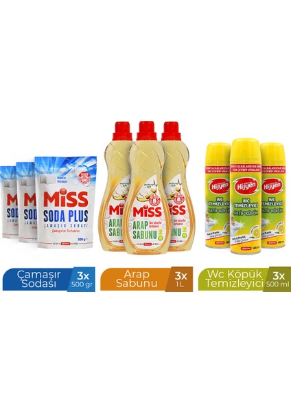 Soda Plus 500 gr x 3 Adet+ Koruma Wc Köpük 500 ml x 3 Adet +Miss Arap Sabunu 1 Lt x 3 Adet