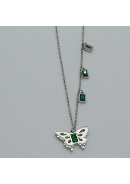 Çelik Silver Taşlı Kelebek Kolye