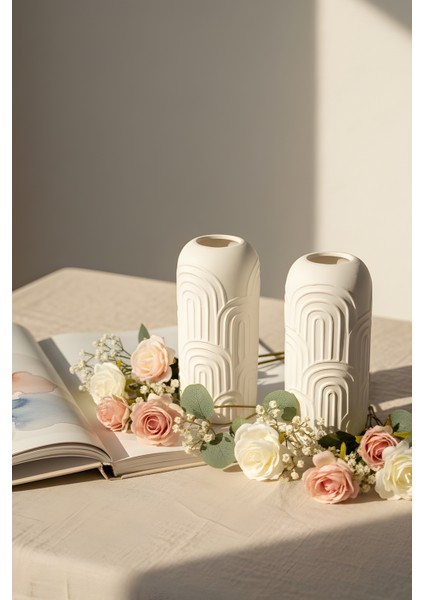 Bohem Desenli Beton Vazo 2’li Set – Dekoratif Modern Tasarım
