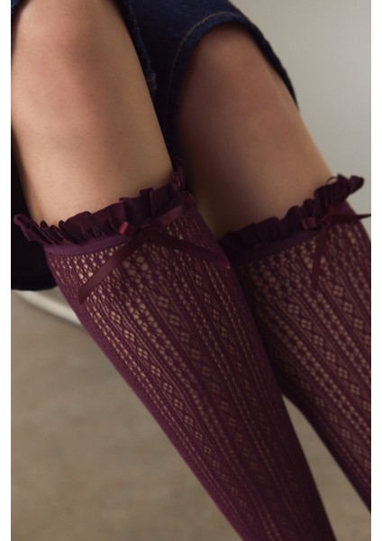 Mürdüm Fiyonk Detaylı Kurdela Desenli File Pantolon Çorabı fırsatları